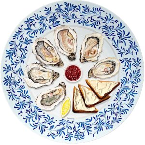 Oyster Painting and Dark Bread with Butter on Vintage Plate
