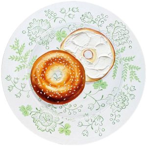 Realistic Bagel Painting on Green Plate