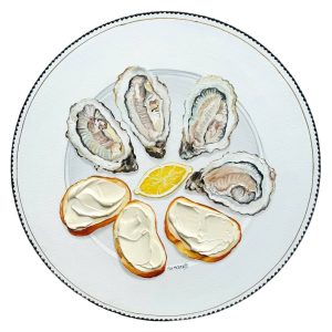 Oyster painting and baguette with butter on vintage plate original painting elegant gift