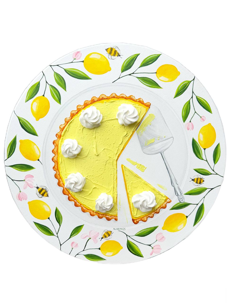 Lemon Tart Painting On Vintage Plate Realistic And Textured Art on Round Canvas