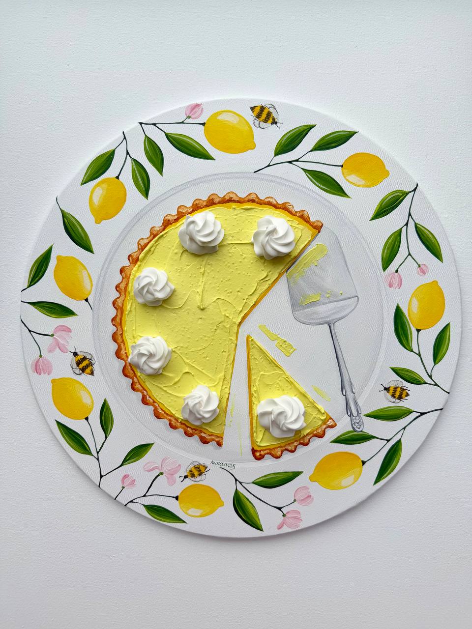 Lemon Tart Painting On Vintage Plate Realistic And Textured Art on Round Canvas - Image 2