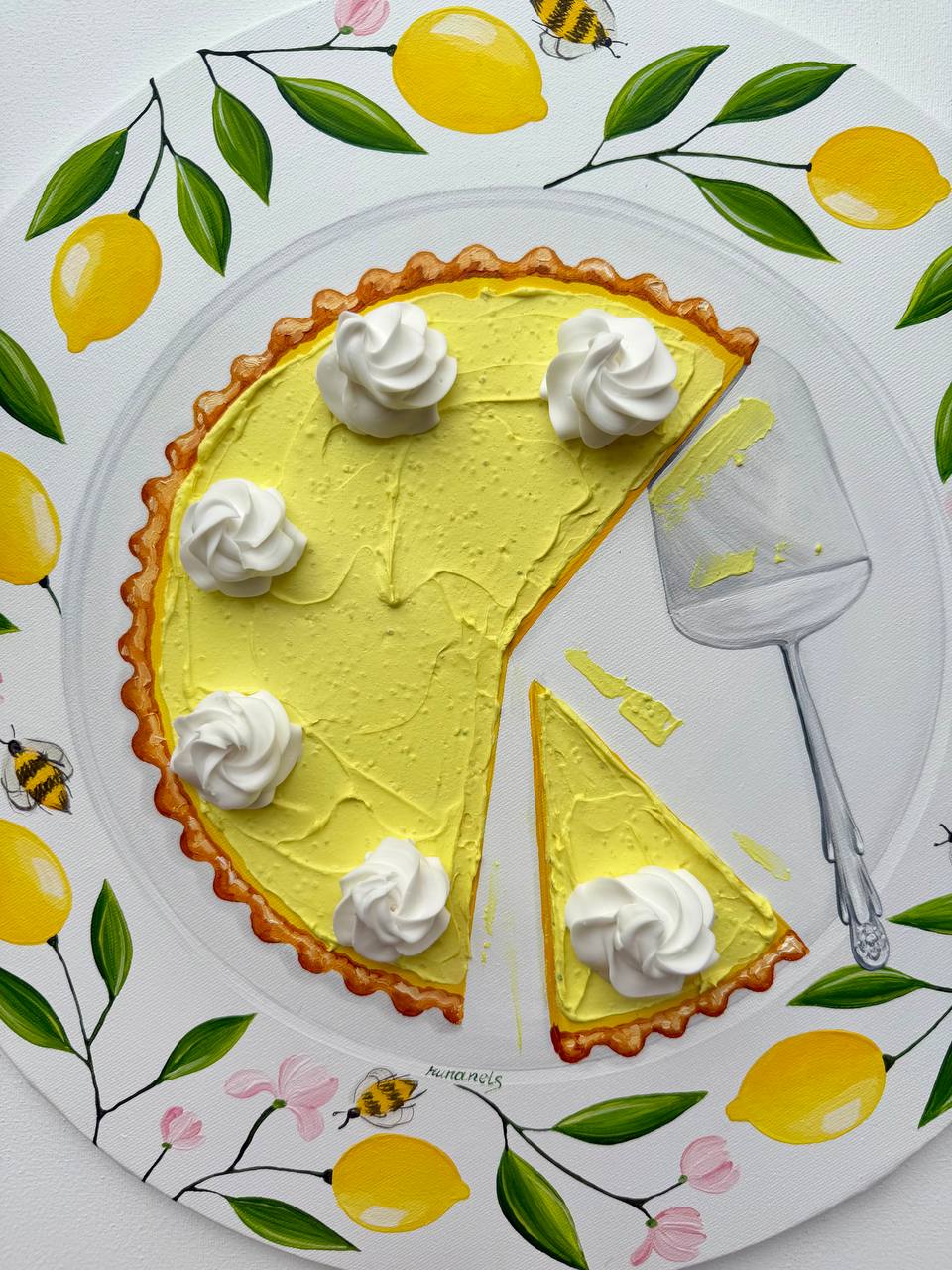 Lemon Tart Painting On Vintage Plate Realistic And Textured Art on Round Canvas - Image 3