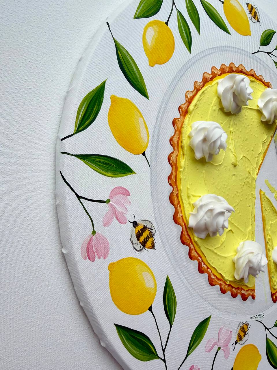 Lemon Tart Painting On Vintage Plate Realistic And Textured Art on Round Canvas - Image 4