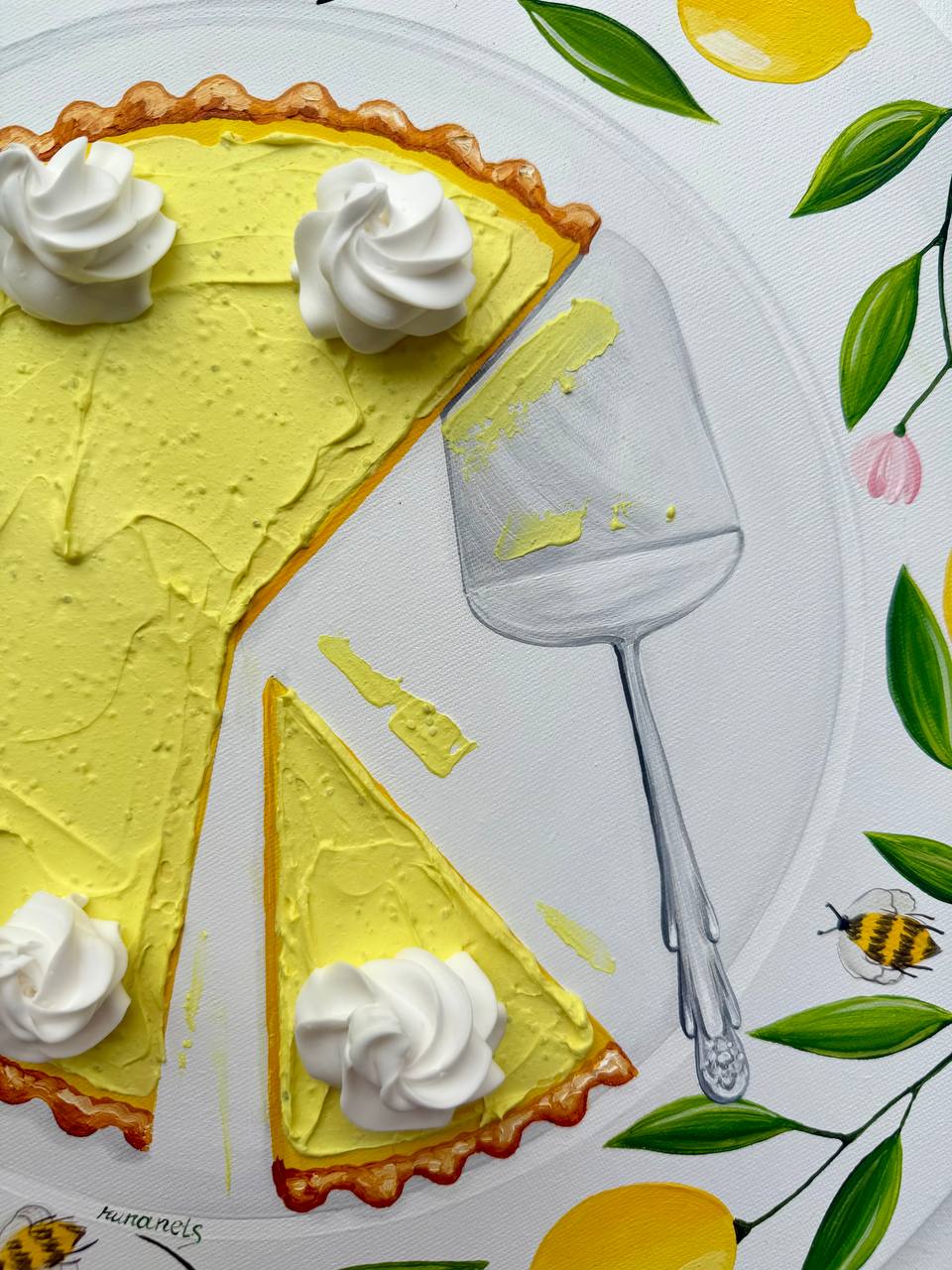 Lemon Tart Painting On Vintage Plate Realistic And Textured Art on Round Canvas - Image 5