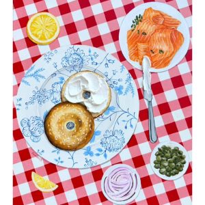Bagels  Painting On Vintage Plate Textured Cream Cheese Guacamole (Copy) (Copy)