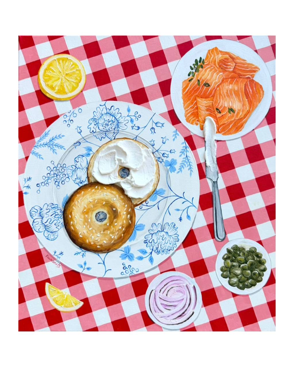Bagels Painting On Vintage Plate Textured Cream Cheese Guacamole (Copy) (Copy)