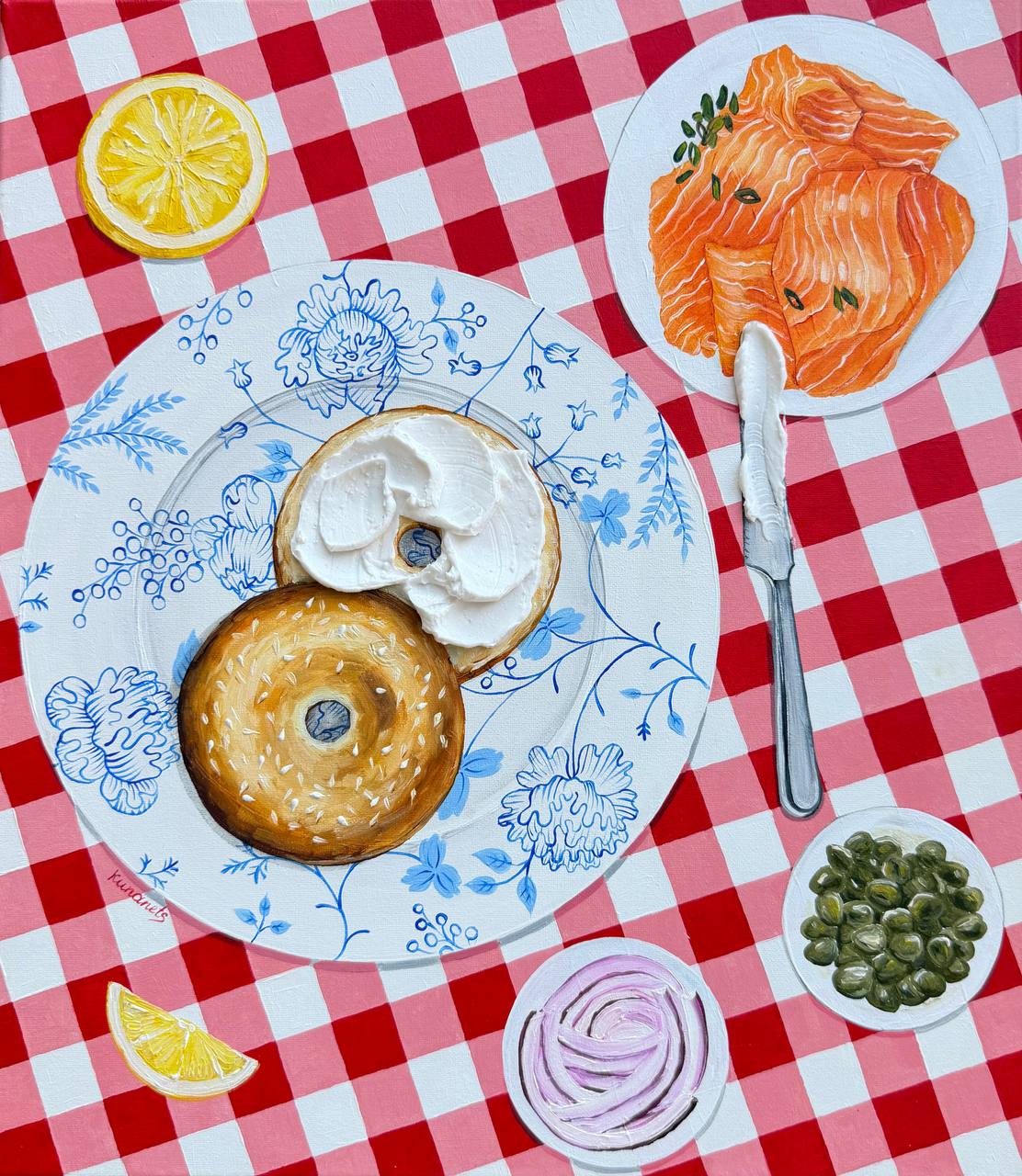 Bagels Painting On Vintage Plate Textured Cream Cheese Guacamole (Copy) (Copy) - Image 2