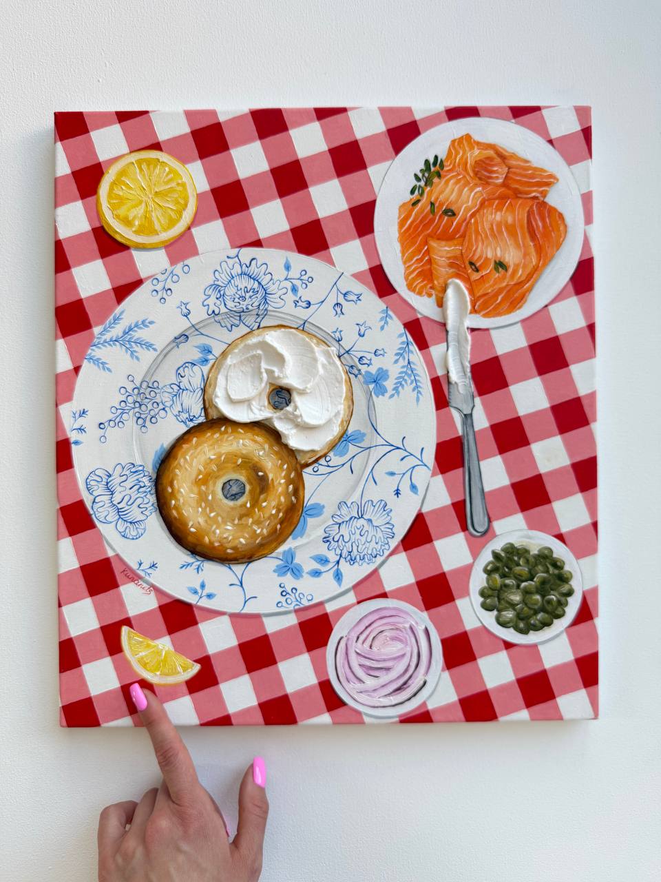 Bagels Painting On Vintage Plate Textured Cream Cheese Guacamole (Copy) (Copy) - Image 3