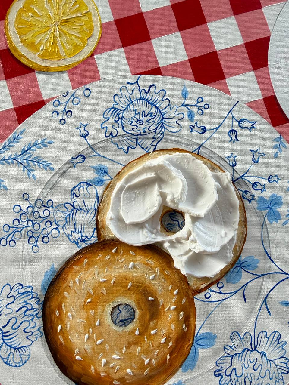 Bagels Painting On Vintage Plate Textured Cream Cheese Guacamole (Copy) (Copy) - Image 4