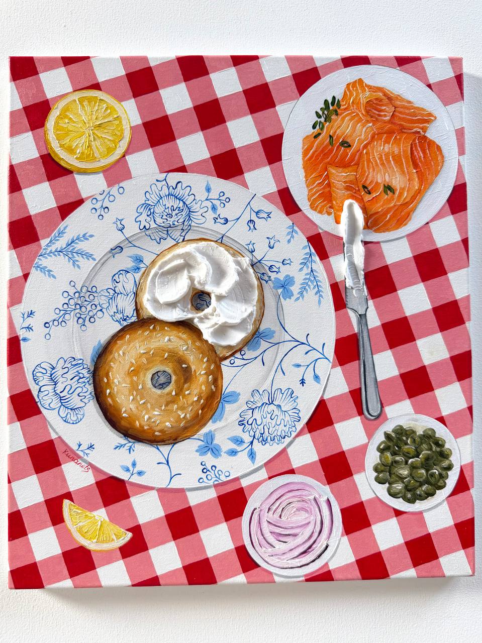 Bagels Painting On Vintage Plate Textured Cream Cheese Guacamole (Copy) (Copy) - Image 7