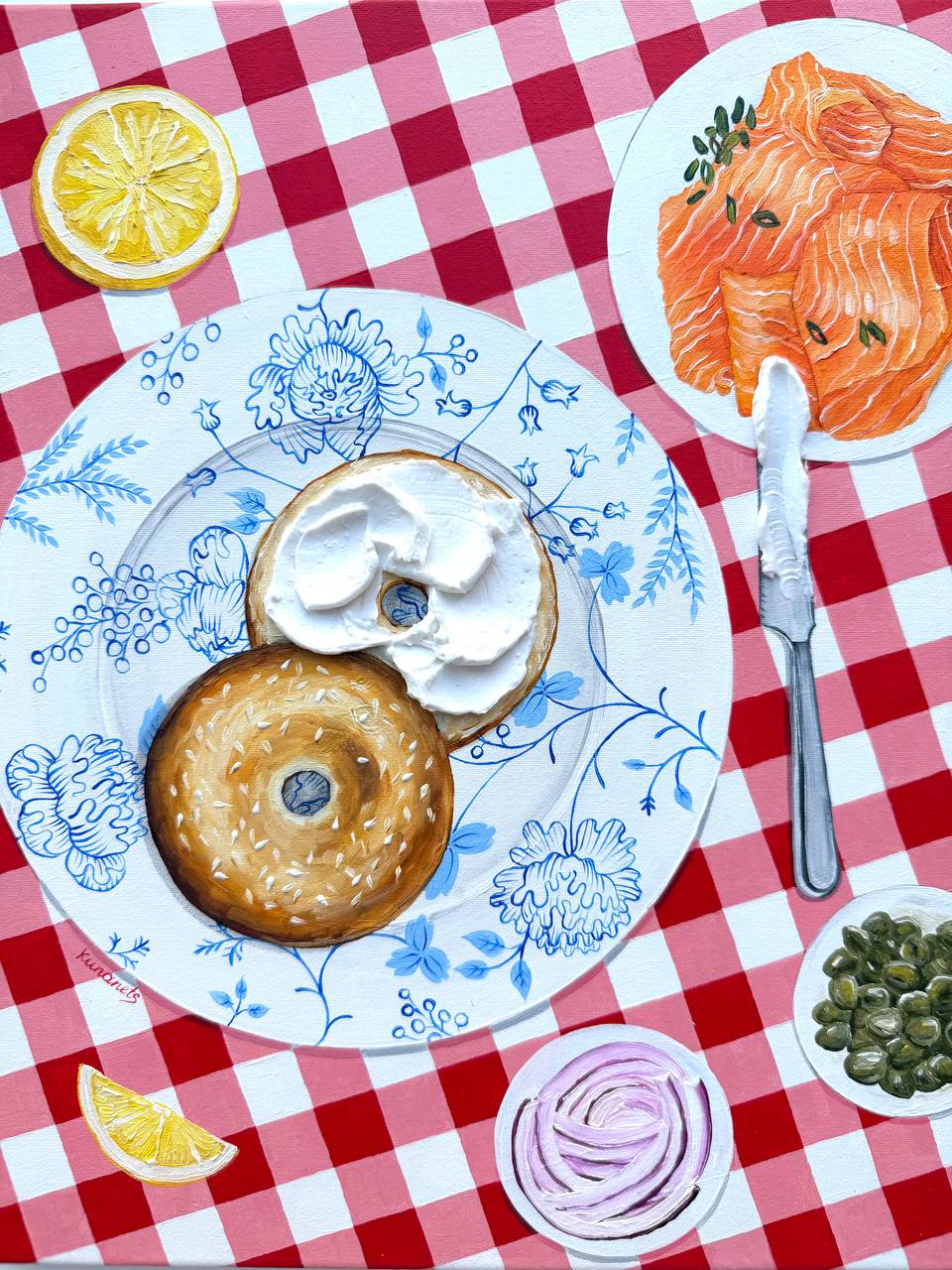 Bagels Painting On Vintage Plate Textured Cream Cheese Guacamole (Copy) (Copy) - Image 8