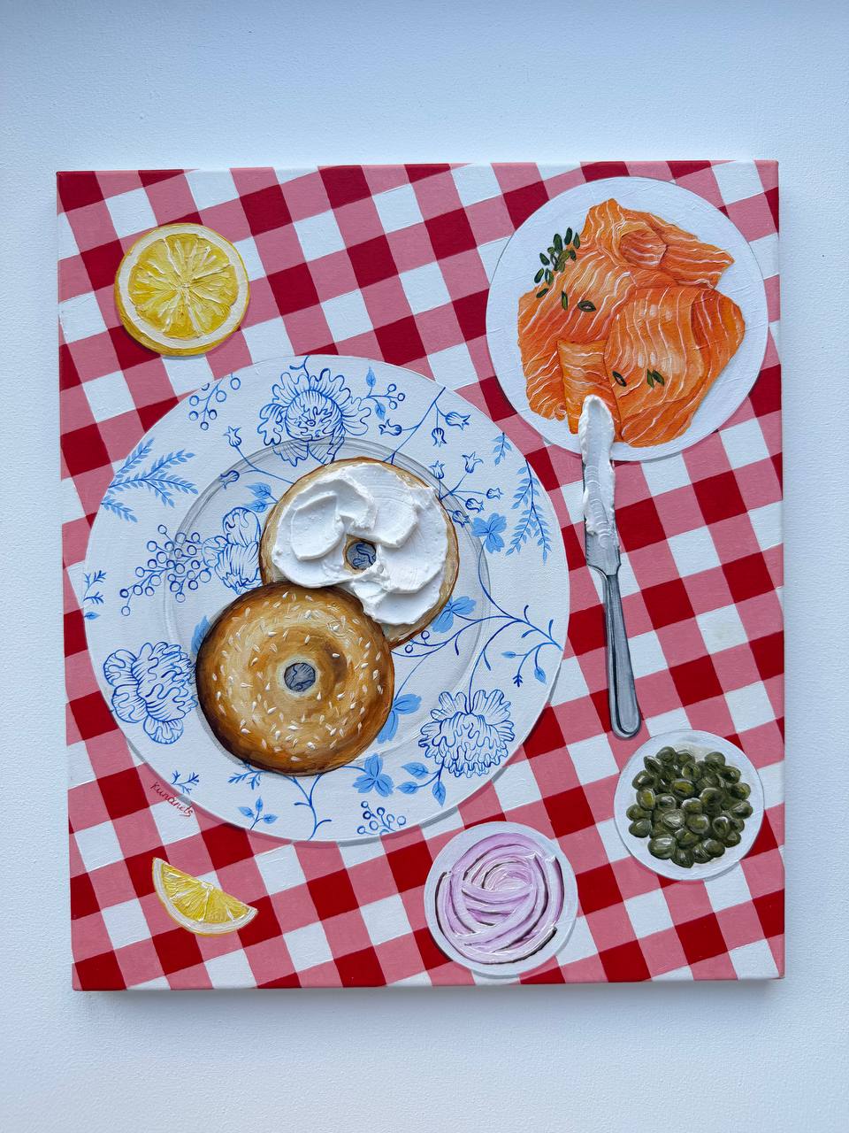 Bagels Painting On Vintage Plate Textured Cream Cheese Guacamole (Copy) (Copy) - Image 9