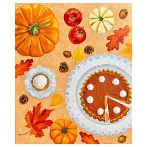 Textured impasto oil painting of an autumn still life with pumpkins and apples by Christina Kunanets