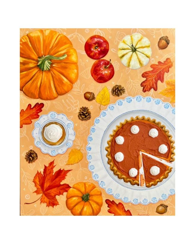 Textured impasto oil painting of an autumn still life with pumpkins and apples by Christina Kunanets
