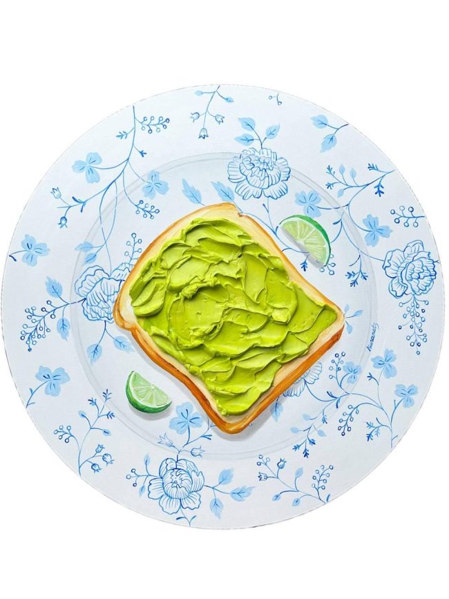 Textured impasto oil painting of an avocado toast brunch plate by Christina Kunanets