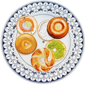 Textured impasto oil painting of an assortment of bagels on a vintage plate by Christina Kunanets