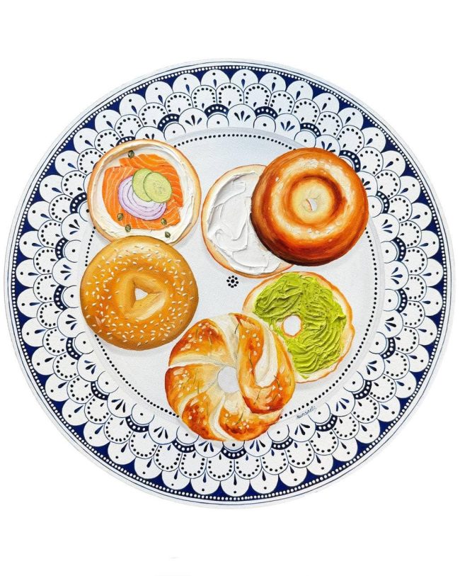 Textured impasto oil painting of an assortment of bagels on a vintage plate by Christina Kunanets