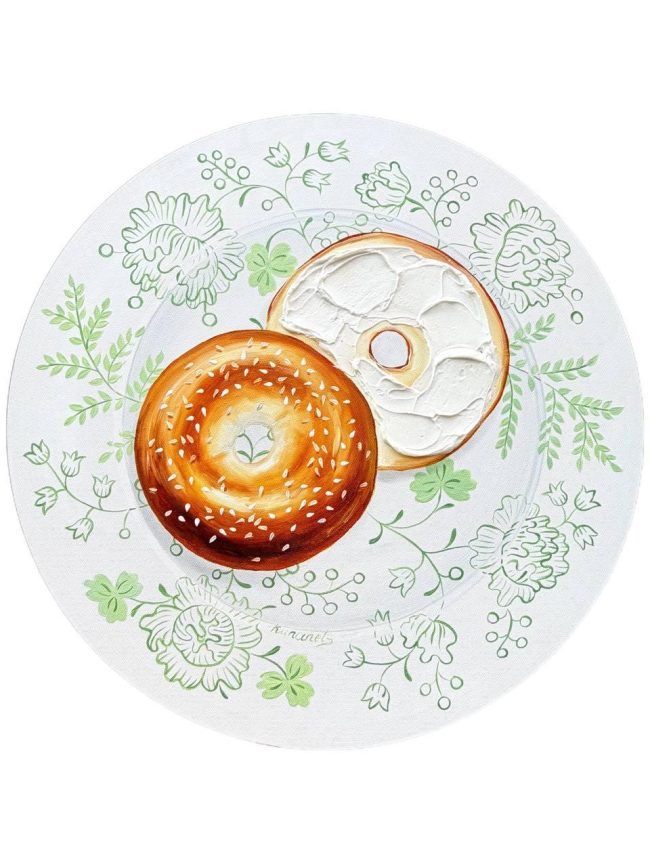 Textured impasto oil painting of a bagel with cream cheese on a green plate by Christina Kunanets