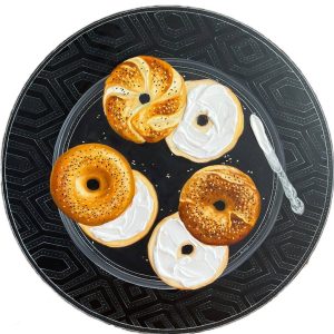 Textured impasto oil painting of a bagel platter with cream cheese on a black plate by Christina Kunanets