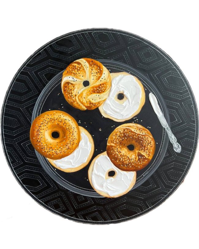 Textured impasto oil painting of a bagel platter with cream cheese on a black plate by Christina Kunanets