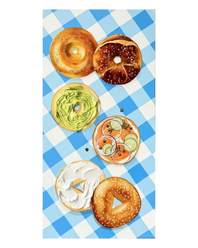 Textured impasto oil painting of a trio of bagels with lox, guacamole and cream cheese by Christina Kunanets
