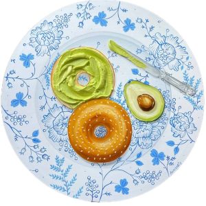 Textured impasto oil painting of a bagel with guacamole on a vintage plate by Christina Kunanets