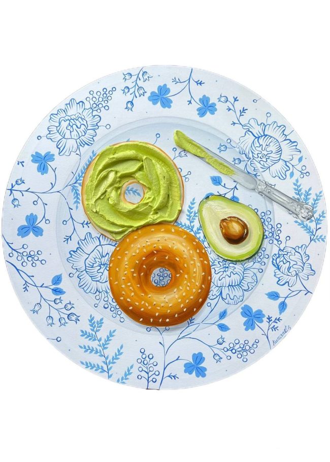 Textured impasto oil painting of a bagel with guacamole on a vintage plate by Christina Kunanets