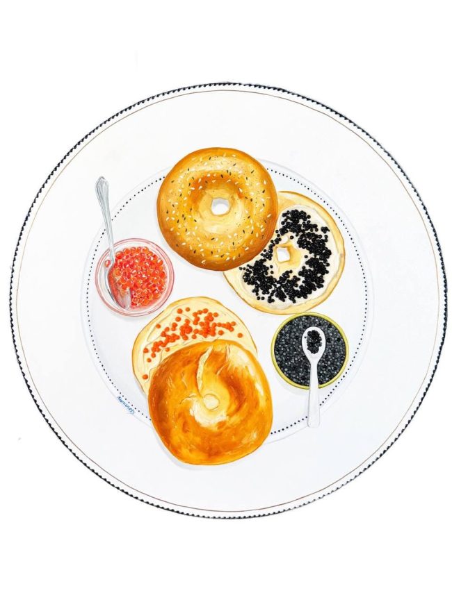 Textured impasto oil painting of bagels topped with caviar by Christina Kunanets