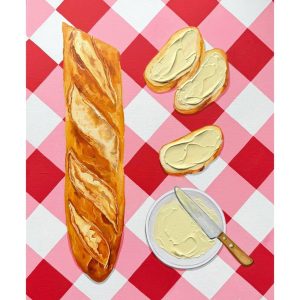 Textured impasto oil painting of a baguette with butter by Christina Kunanets
