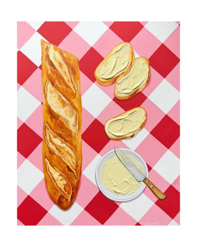 Textured impasto oil painting of a baguette with butter by Christina Kunanets