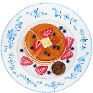 Textured impasto oil painting of berry pancakes with chocolate by Christina Kunanets