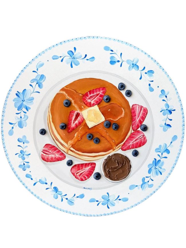 Textured impasto oil painting of berry pancakes with chocolate by Christina Kunanets