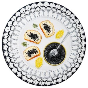 Textured impasto oil painting of black caviar on a vintage plate by Christina Kunanets