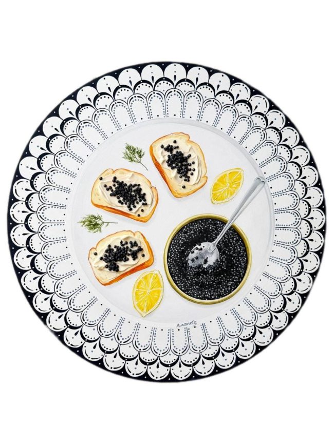 Textured impasto oil painting of black caviar on a vintage plate by Christina Kunanets