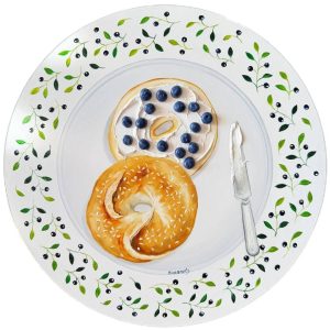 Textured impasto oil painting of a blueberry bagel with cream cheese on a vintage plate by Christina Kunanets