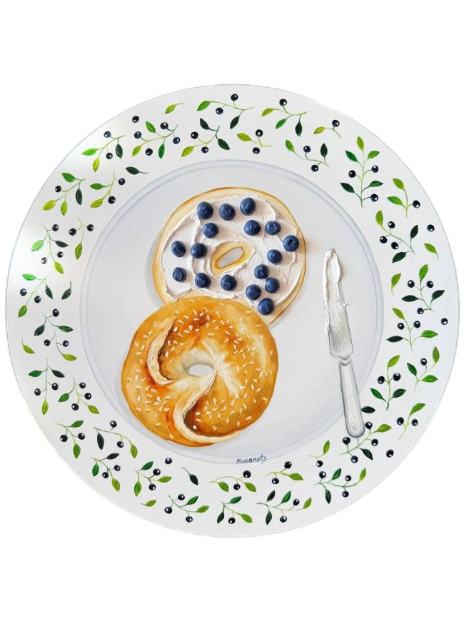 Textured impasto oil painting of a blueberry bagel with cream cheese on a vintage plate by Christina Kunanets