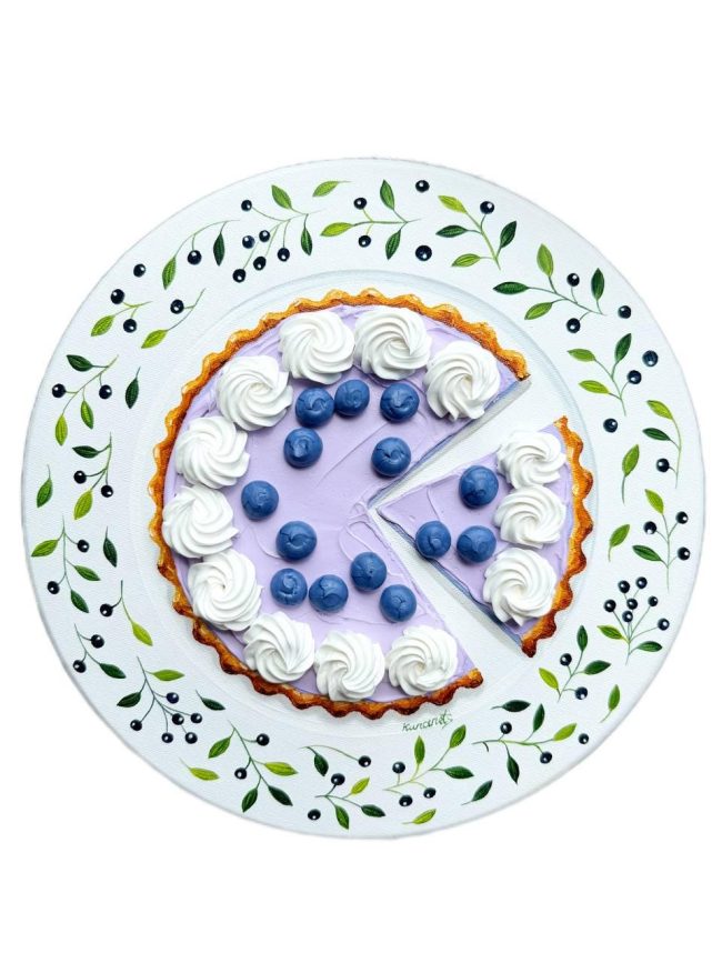 Textured impasto oil painting of a blueberry cheesecake with cream by Christina Kunanets