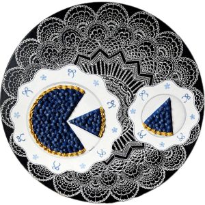 Textured impasto oil painting of a blueberry pie by Christina Kunanets