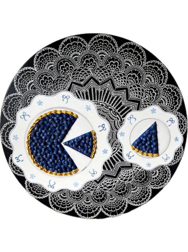 Textured impasto oil painting of a blueberry pie by Christina Kunanets