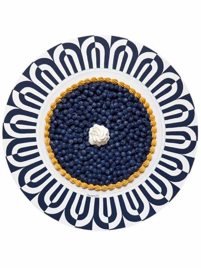 Textured impasto oil painting of a blueberry tart on a vintage plate by Christina Kunanets