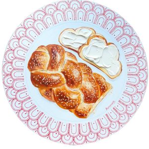 Textured impasto oil painting of a braided challah loaf by Christina Kunanets