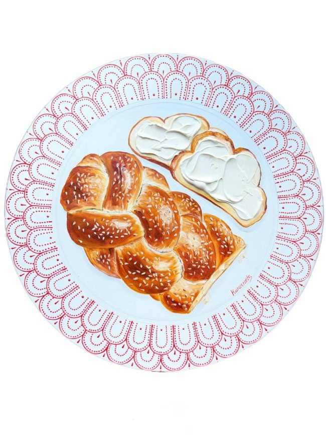 Textured impasto oil painting of a braided challah loaf by Christina Kunanets