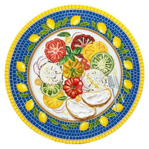 Textured impasto oil painting of a burrata salad with tomatoes by Christina Kunanets