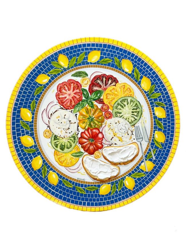 Textured impasto oil painting of a burrata salad with tomatoes by Christina Kunanets