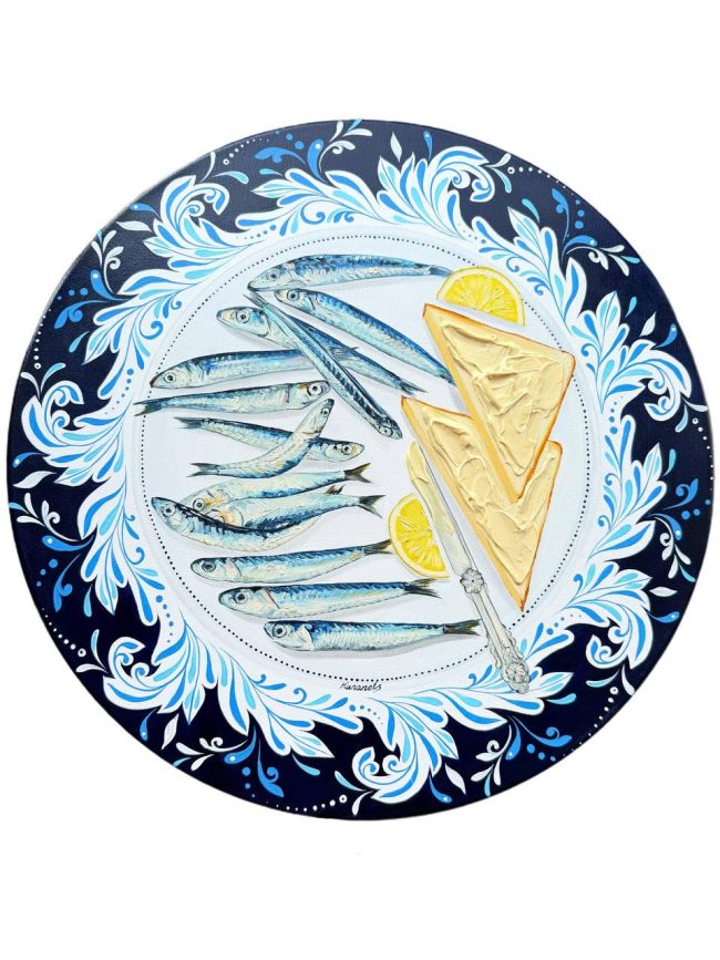 Textured impasto oil painting of capelin fish in a seafood still life by Christina Kunanets
