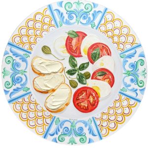 Textured impasto oil painting of a caprese salad with tomato, mozzarella and basil by Christina Kunanets