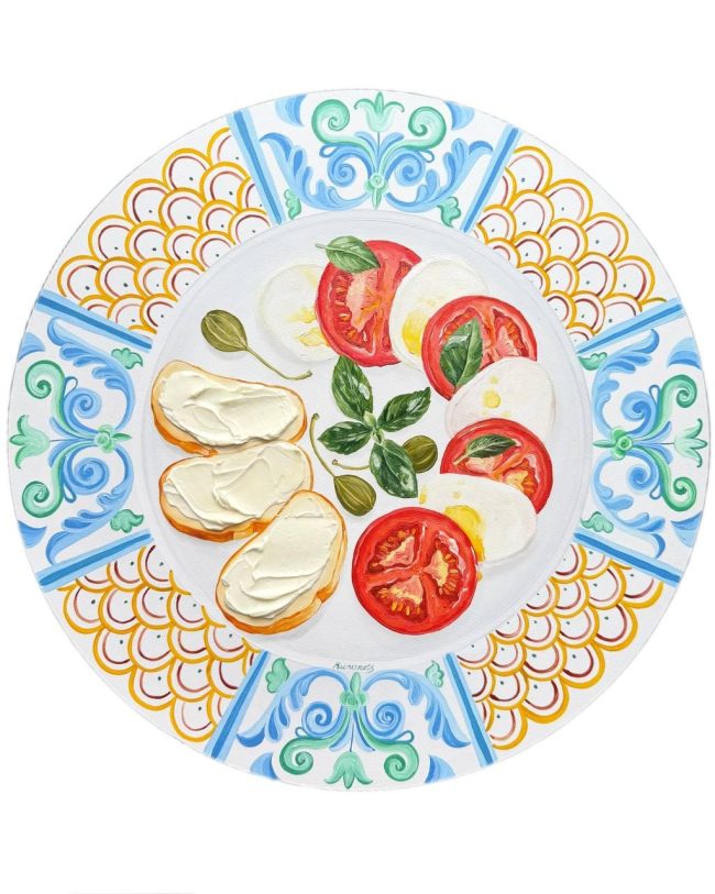 Textured impasto oil painting of a caprese salad with tomato, mozzarella and basil by Christina Kunanets