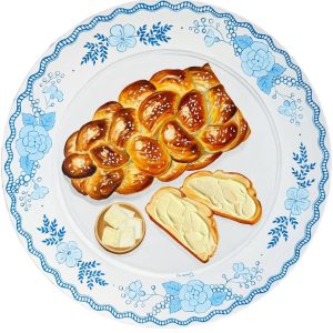 Textured impasto oil painting of a challah bread on a Shabbat table by Christina Kunanets
