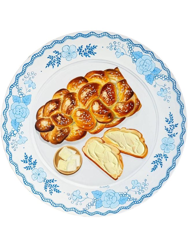 Textured impasto oil painting of a challah bread on a Shabbat table by Christina Kunanets