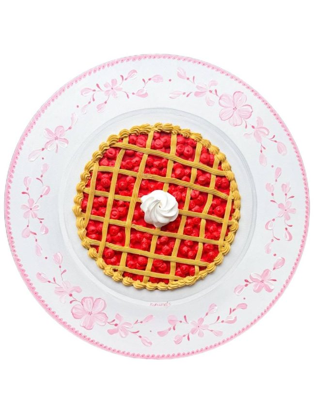Textured impasto oil painting of a cherry pie on a vintage plate by Christina Kunanets